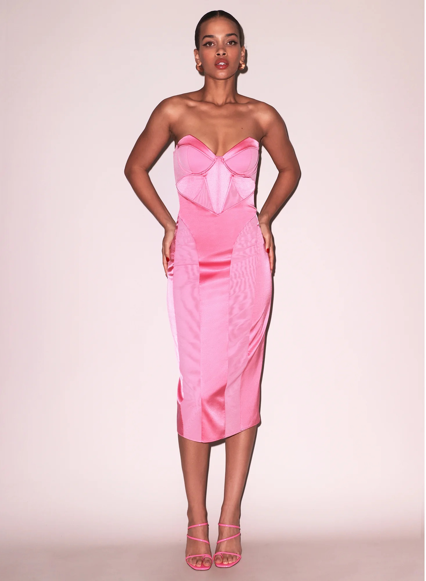 Satin & Mesh Bustier Midi Dress